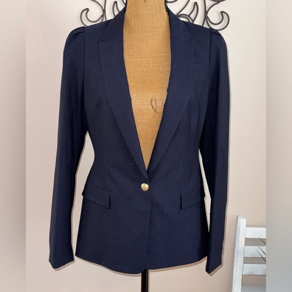 Banana Republic NWT Navy Blue Puff sleeve lightweight wool blend Blazer, sz 10 - Picture 7 of 14